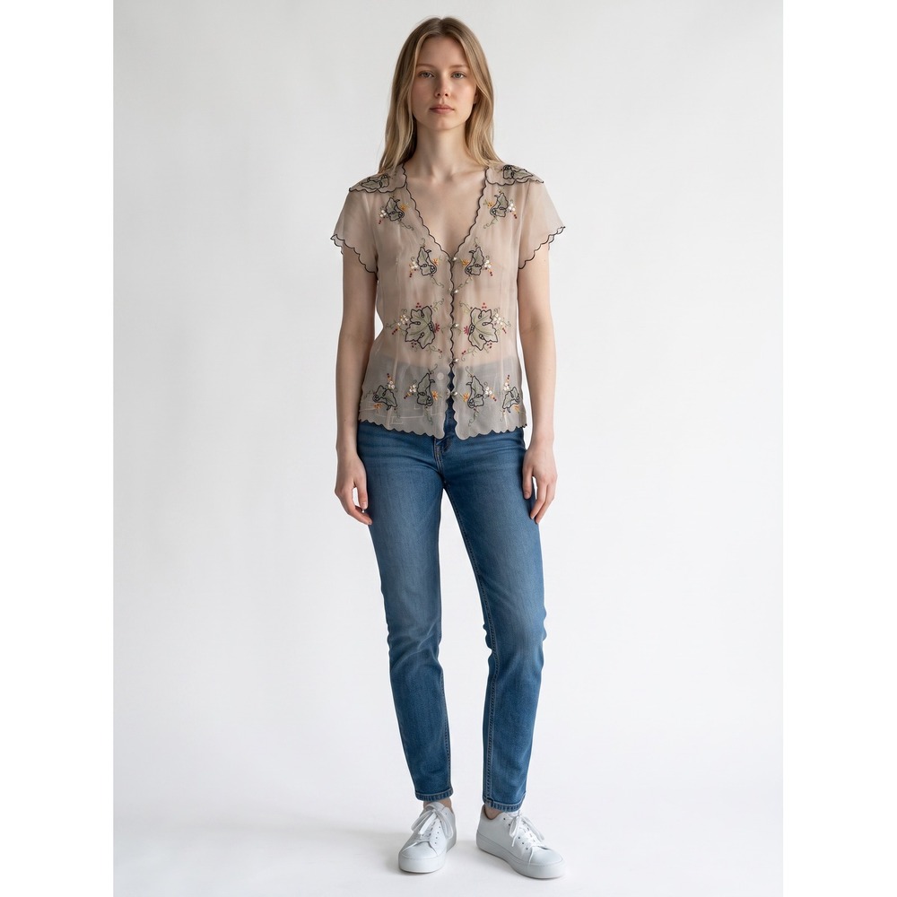Cottagecore Knitted Dove Silk‎ Blouse Embroidered Scallop Sheer Tan M